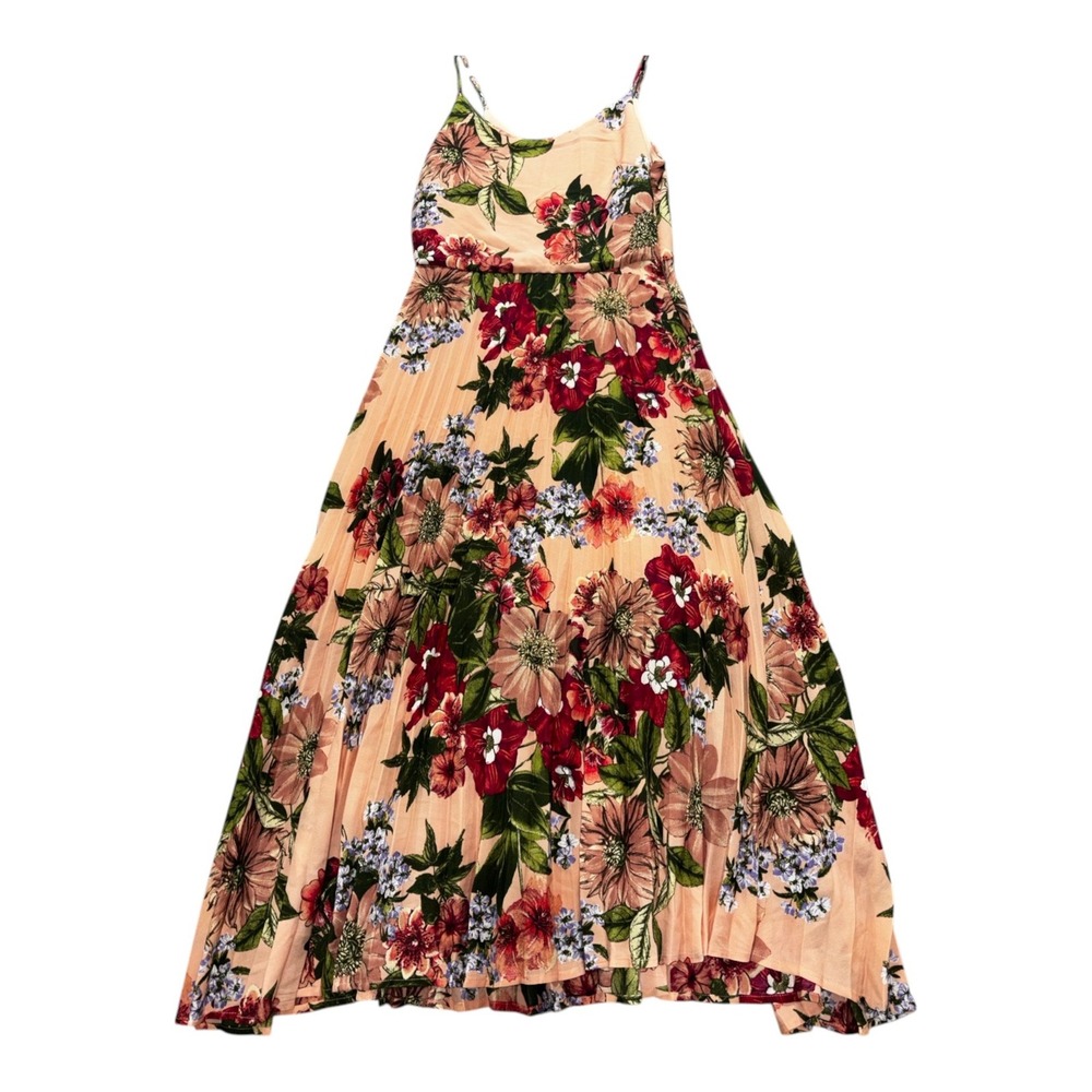 Leith XS Peach Floral Pleated Spaghetti Strap Maxi Dress Womens Boho Casual